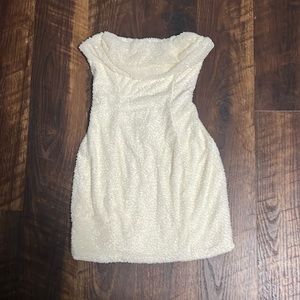 OhPolly Embellished Strapless Cowl Neck Mini Dress in Ivory